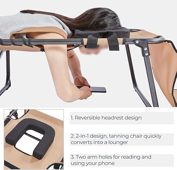 Yaheetech 22.4" Tanning Chair with Face Hole, Adjustable 5-Position Folding Chaise Lounge Chairs, Outdoor Lounge Chairs for Lawn, Beach, Sunbathing, Beige