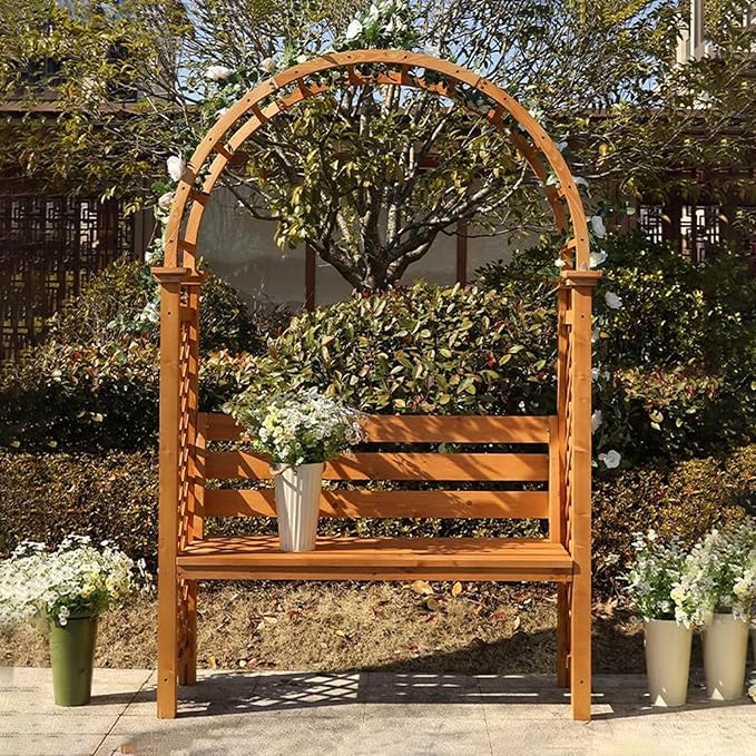 Heavy Duty Garden Arch, Metal Garden Arbor with Bench, Two People Seat Rose Arch for Lawn Backyard Patio Outdoor Climbing Plant(Rosewood Color)