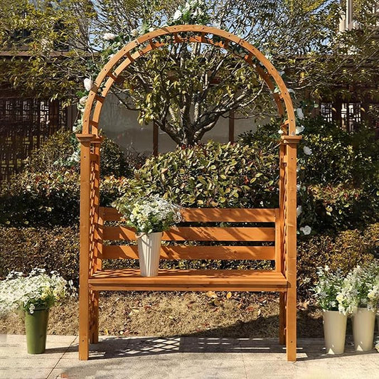 Heavy Duty Garden Arch, Metal Garden Arbor with Bench, Two People Seat Rose Arch for Lawn Backyard Patio Outdoor Climbing Plant(Rosewood Color)