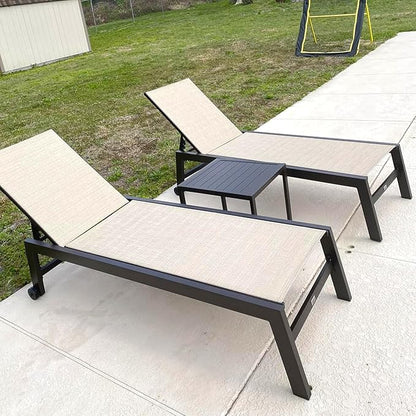 PURPLE LEAF Outdoor Chaise Lounge Chair Set of 2, Patio Pool Textilene Loungers with Adjustable Backrest and Wheels, Includes Side Table for Deck, Lawn, Garden, Cream