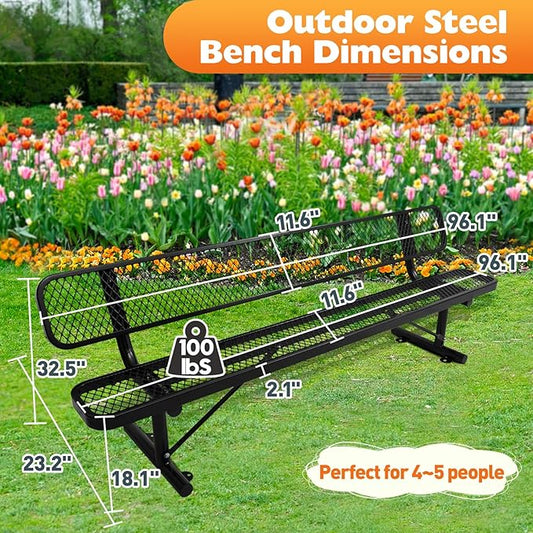 8FT/96INCH Heavy Duty Metal Park Bench for Outside, Outdoor Garden Benches with Backrest & Portable Frame, Expanded Metal Mesh Bench for Shopping Malls, Lawn, Park, Deck, Patio, Porch, Black