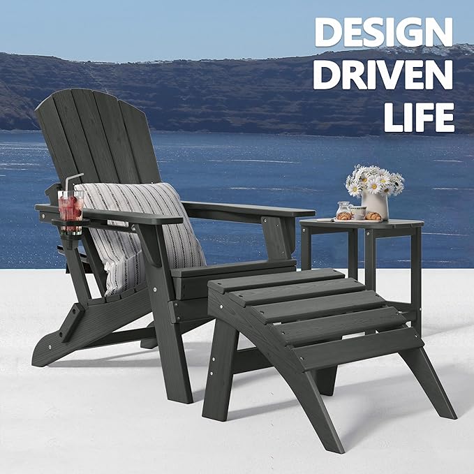 Adirondack Chair with Ottomans Set of 3, HDPE All-Weather Outdoor Footrest - Photo 5
