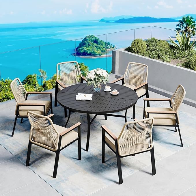54" Patio Dining Table for 6, Round Patio Table with Umbrella Hole,E-Coating and Powder Coating Steel Frame Metal Outdoor Patio Table for Garden Backyard Lawn Yard