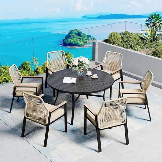 54" Patio Dining Table for 6, Round Patio Table with Umbrella Hole,E-Coating and Powder Coating Steel Frame Metal Outdoor Patio Table for Garden Backyard Lawn Yard