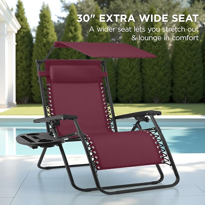 Best Choice Products 30” Wide Folding Zero Gravity Outdoor Recliner Patio Lounge Chair w/Adjustable Canopy Shade - Photo 3