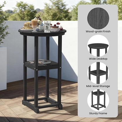 Ciokea 3 Pcs Space-Saving Round Bistro Set, High-Top Outdoor Bar Set with Storage Shelf & 2 Saddle Stools, Compact Patio Furniture for Small Balcony, Porch and Poolside, All-Weather HDPE, Black