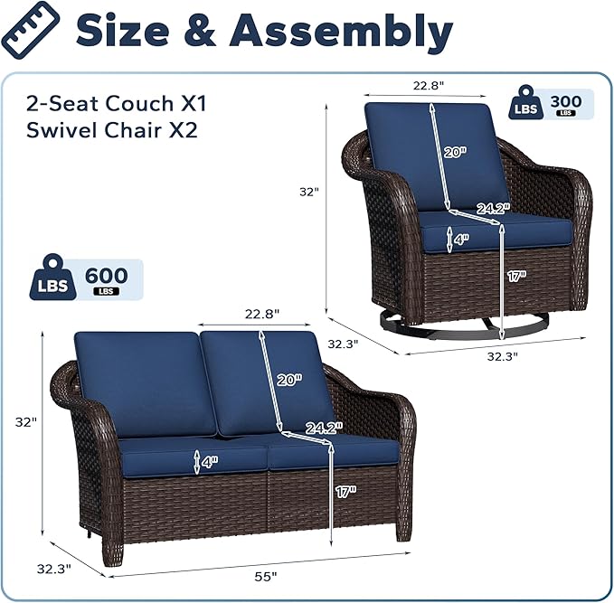 3 Pieces Patio Conversation Set, 55" Sofa with Washable Cushions, Wicker 360 Degree Swivel Glider Rocker Chairs - Photo 2