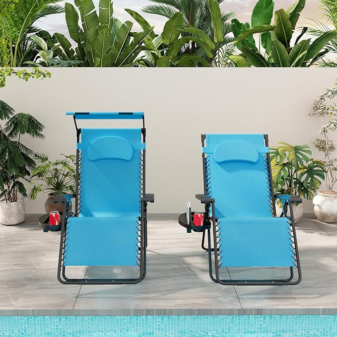 Goplus Zero Gravity Chairs, X-Large Folding Lounge Lawn Chair w/Canopy Shade & Cup Holder - Photo 2