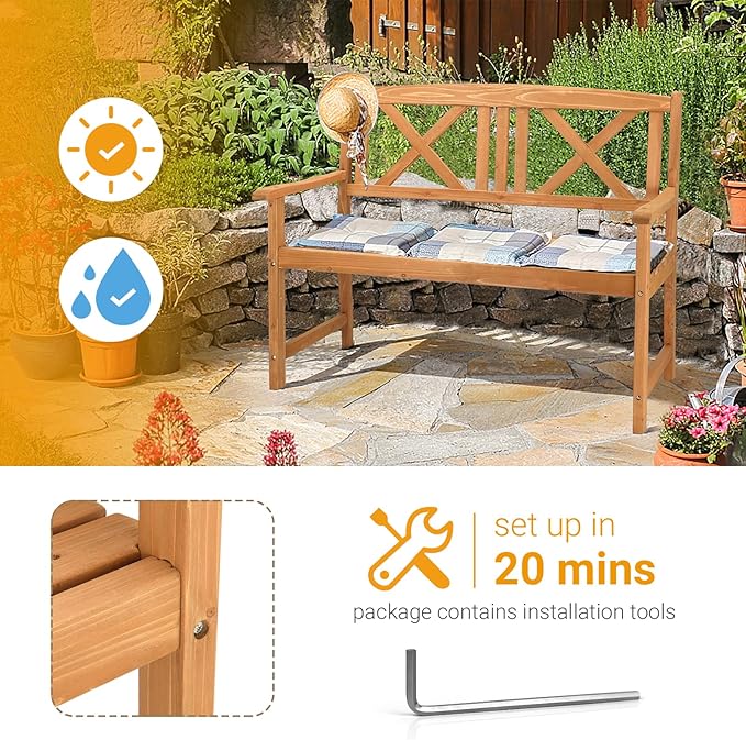 46" Outdoor Garden Bench Solid Wood Patio Park Bench Elegant Porch Deck Loveseat with Back and Armrest
