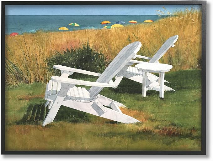 The Stupell Home Decor Two White Adirondack Chairs by Umbrella Beach Framed Texturized Art, 11 x 14, Proudly Made in USA