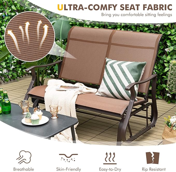 Giantex Outdoor Glider Bench Chair - Extra-Large 2 Person Loveseat with Breathable Fabric, Steel Frame - Photo 4
