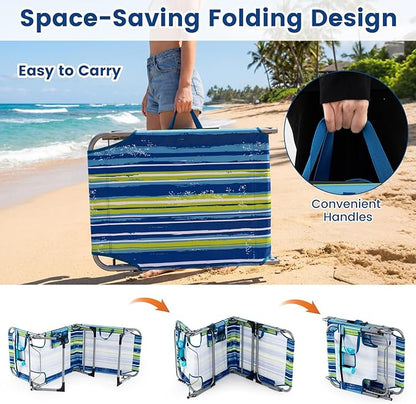 Giantex Face Down Tanning Chair, Folding Beach Lounge Chair w/ 4-Position Adjustable Backrest, Outdoor Sunbathing Lounge Chair w/Face Arm Hole & Storage Pocket for Patio Deck Poolside (1 Blue Stripe)