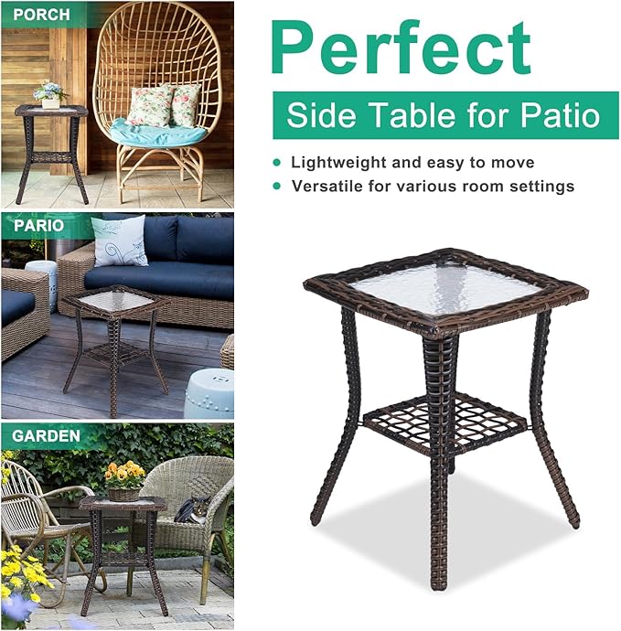 Outdoor Glass Side Table, End Table with Glass Top, Patio Coffee Bistro Table for Indoor Garden Porch Balcony (Brown, Square 18x18x23in)