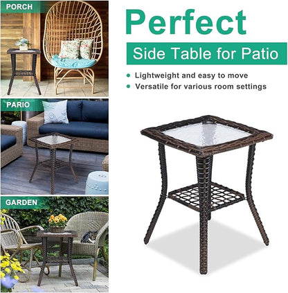 Outdoor Glass Side Table, End Table with Glass Top, Patio Coffee Bistro Table for Indoor Garden Porch Balcony (Brown, Square 18x18x23in)