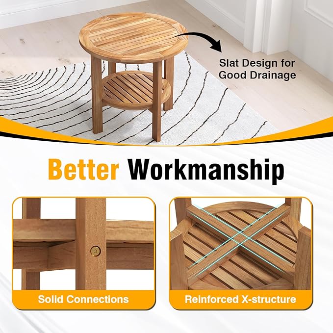 Giantex 19.5" Outdoor Round Side Table, 2-Tier Patio Table with Slatted Tabletop & Open Storage Shelf, Easy Assembly, Teak Wood Small End Table for Porch, Backyard, Garden, Deck, Pool, Natural