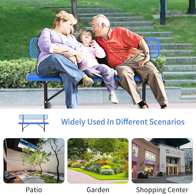 72" Metal Park Benches for Outside - Blue Outdoor Benches Heavy Duty Garden Weatherproof Bench with Backrest, Buddy Bench for Schools,Commercial Benches for Shopping Mall, Store, Yard, Patio