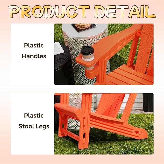 Adirondack Chair, Plastic Patio Chair Cup Holder Without Screws Install, Outdoor Chair 400 LBS Capacity, Weather Resistant for Garden Backyard Lawn Beach (Orange)