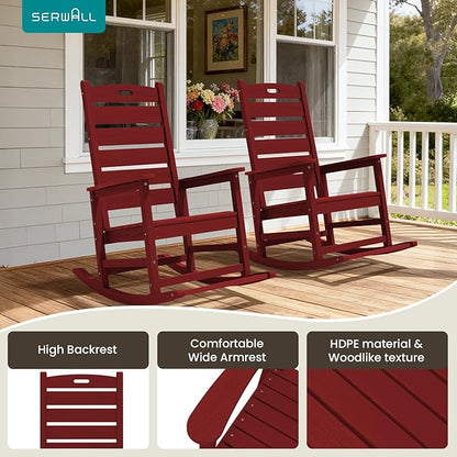 SERWALL Outdoor Rocking Chair Set of 2, Oversized Rocking Chair with Footboard for Adults, HDPE All Weather Resistant Rocking Chairs for Patio, 350lbs Weight Capacity,Red