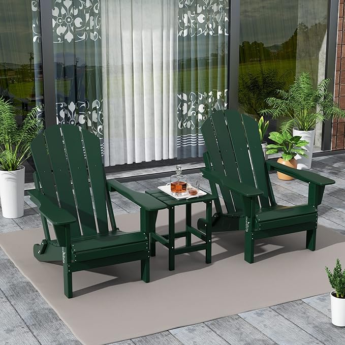 WestinTrends Malibu 3-Pieces Adirondack Chairs Set with Side Table, All Weather Outdoor Seating Plastic Patio Lawn Chair Folding for Outside Porch Deck Backyard, Dark Green