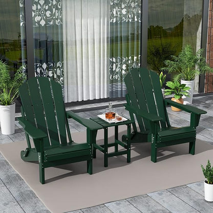 WestinTrends Malibu 3-Pieces Adirondack Chairs Set with Side Table, All Weather Outdoor Seating Plastic Patio Lawn Chair Folding for Outside Porch Deck Backyard, Dark Green