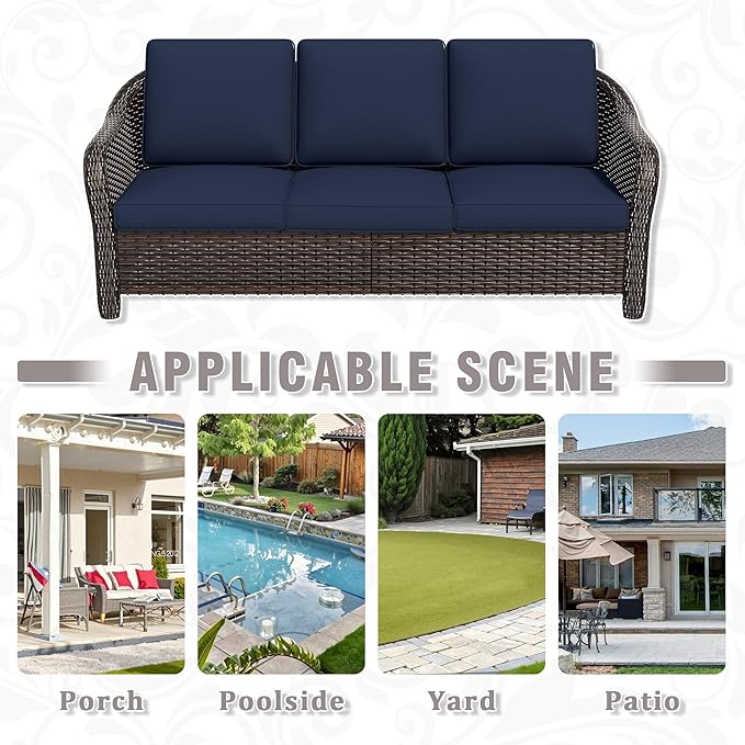 77 inch Outdoor Wicker 3 Seater Sofa, All-Weather Use Patio Rattan Sofa with Seat and Back Cushion, Ideal for Porch - Photo 7