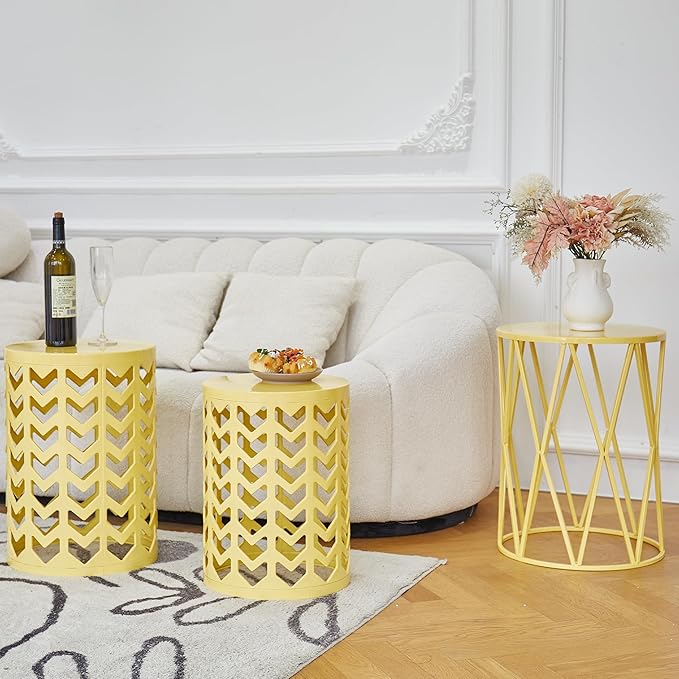 Y&M Nesting Side Table, Set of 3 Stacking Coffee Table for Living Room, Indoor End Tables, Outdoor Decorative Garden Stool with Heavy Duty Metal Frame Modern Industrial Decor - Yellow