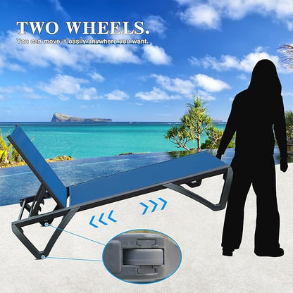 Domi Pool Lounge Chairs Set of 2, Aluminum Adjustable Outdoor Chaise Lounge with Wheels, All Weather Poolside Chairs for Deck Lawn Patio Backyard, Textilene - Navy Blue