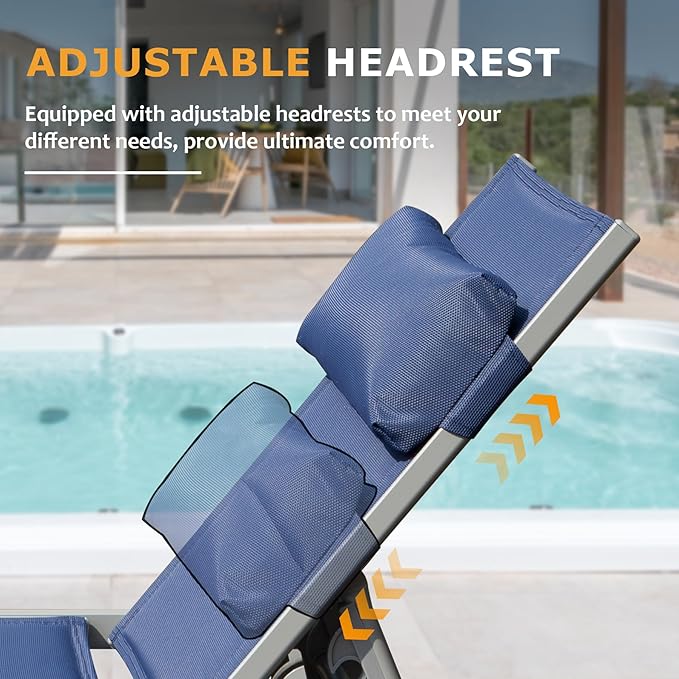 Domi Outdoor Patio Chaise Lounge Set of 3, Aluminum Pool Lounge Chairs with Side Table and Wheels, Textilene Padded Adjustable Recliner All Weather for Poolside, Beach, Yard, Balcony (Navy Blue)