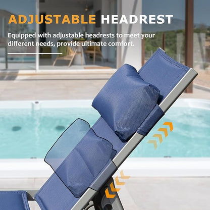 Domi Outdoor Patio Chaise Lounge Set of 3, Aluminum Pool Lounge Chairs with Side Table and Wheels, Textilene Padded Adjustable Recliner All Weather for Poolside, Beach, Yard, Balcony (Navy Blue)