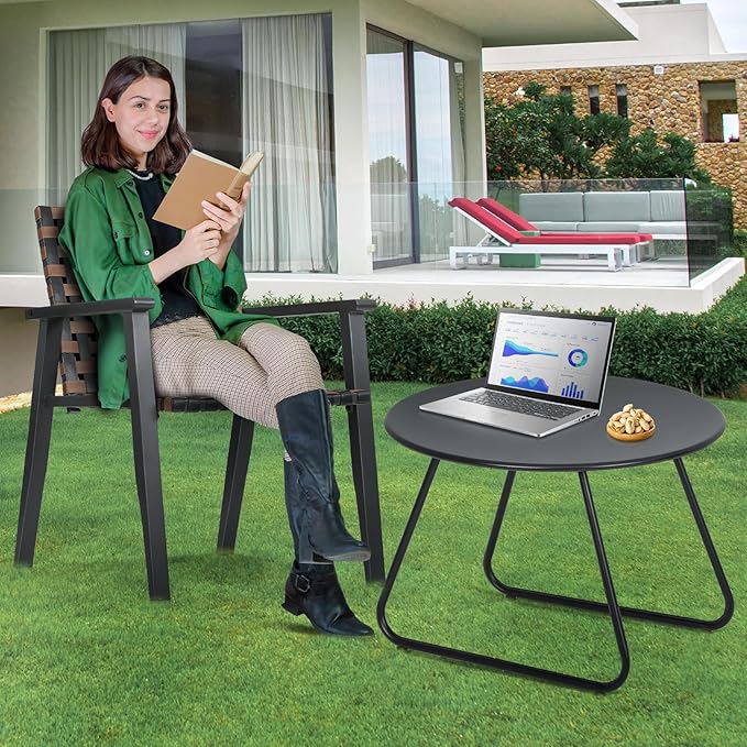MoNiBloom Black Outdoor Patio Side Table, Weather Resistant 24" Round Steel Coffee Table for Garden Balcony Porch Backyard Lawn Deck Yard Poolside Outside