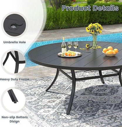 VICLLAX 63" Outdoor Patio Dining Table for 8-10, Metal Round Table with Umbrella Hole for Deck Lawn Garden Backyard, Black