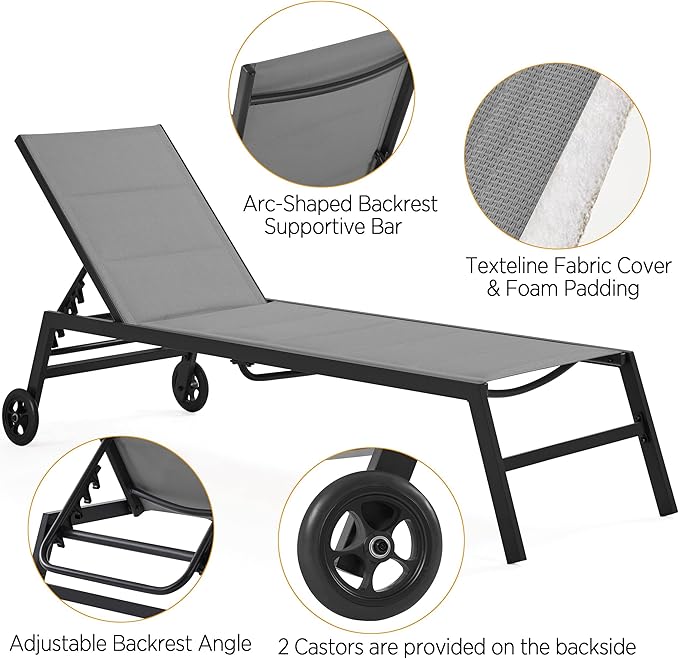 Yaheetech Outdoor Patio Chaise Lounge, All Weather Outdoor Lounge with Wheels, 5-Position Adjustable Recliner for Patio - Photo 5