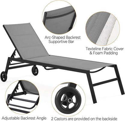 Yaheetech Outdoor Patio Chaise Lounge, All Weather Outdoor Lounge with Wheels, 5-Position Adjustable Recliner for Patio, Pool, Beach & Yard, Dark Gray