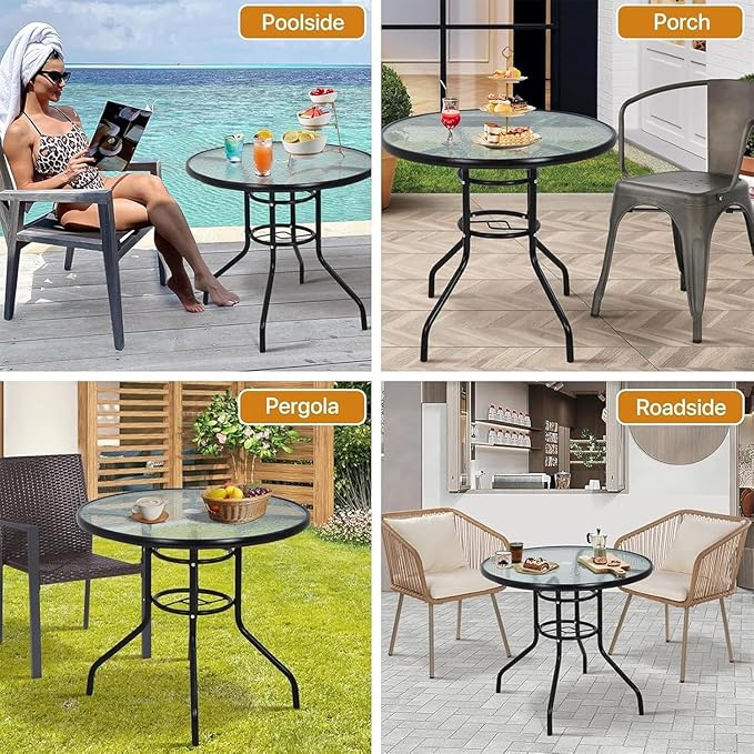 32in Outdoor Table Patio Dining Table Outdoor Dining Table with Umbrella Hole Round Tempered Glass for Yard Bistro Lawn Balcony (Black, Round 31x31x28in)