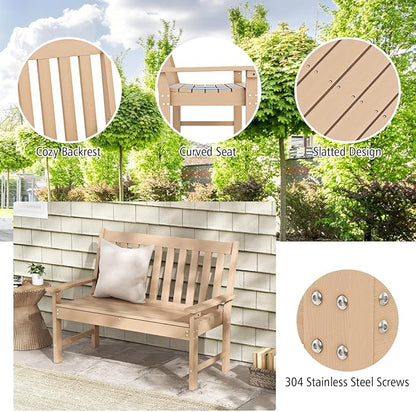 Giantex Outdoor Bench, 52-Inch Outside Bench All-Weather HDPE Park Bench with Backrest and Armrests, 705 lbs Weight Capacity, 2-Person Slatted Patio Bench for Porch, Yard, Lawn, Garden Bench (Teak)