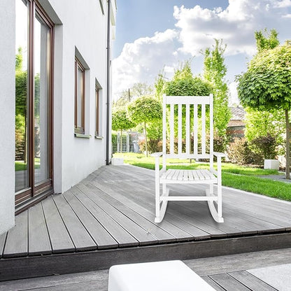 Square Wooden Rocking Chair Classic Comfort Durable Solid Wood Frame Easy Assembly Relaxing Morning Coffee & Conversations for Indoor Outdoor Front Porch Backyard Lawn Garden White