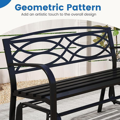 Tangkula 2-Person Outdoor Glider Bench, Patio Rocking Loveseat Chair with Metal Frame, Armrests, Geometric Backrest and Slatted Seat for Porch, Garden, Deck and Backyard