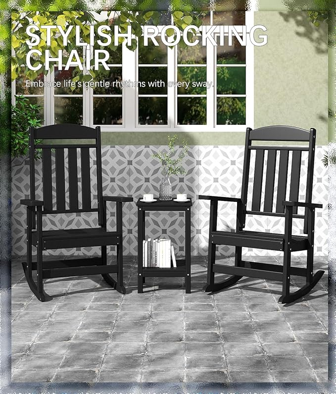FOOWIN Outdoor Rocking Chair Set of 2, High Back Patio Rocking Chair, HDPE All Weather Resistant Porch Rocker for Adult, Oversized Rocking Chairs for Garden, Lawn, Indoor & Outdoor Use, Black