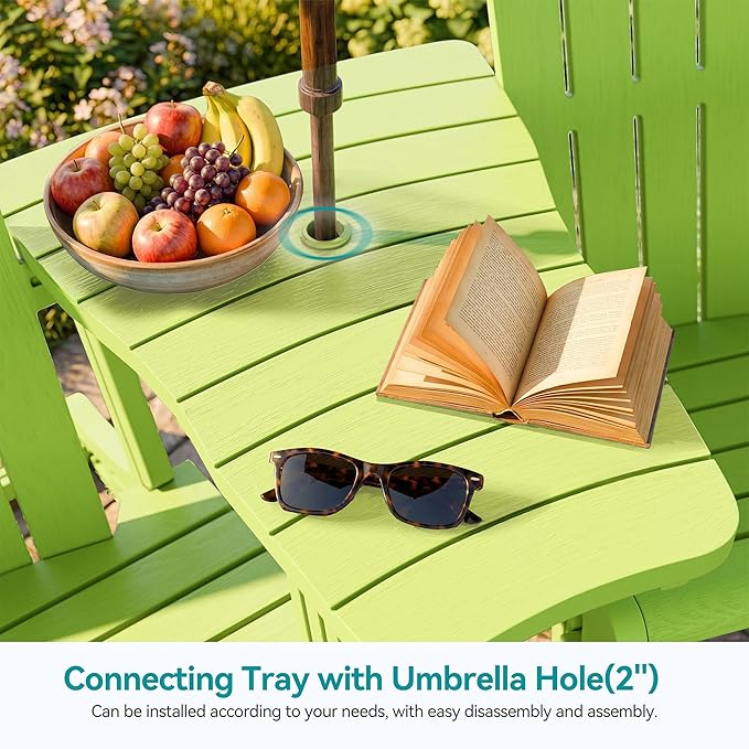 Vongrasig Adirondack Chairs Set of 2 with Removable Tabletop and Footrest, All-Weather HDPE Outdoor Chair Set with Wooden Textured, Cup Holder for Patio, Poolside, Deck, Garden, Green