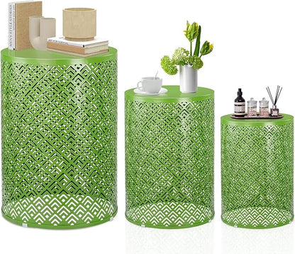 Outvita Outdoor Nesting Tables Set of 3, Heavy Duty Metal Frame Accent Modern End Table, Portable Side Table for Indoor, Outdoor, Living Room, Meander Pattern - Green