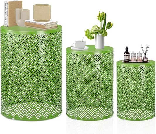 Outvita Outdoor Nesting Tables Set of 3, Heavy Duty Metal Frame Accent Modern End Table, Portable Side Table for Indoor, Outdoor, Living Room, Meander Pattern - Green
