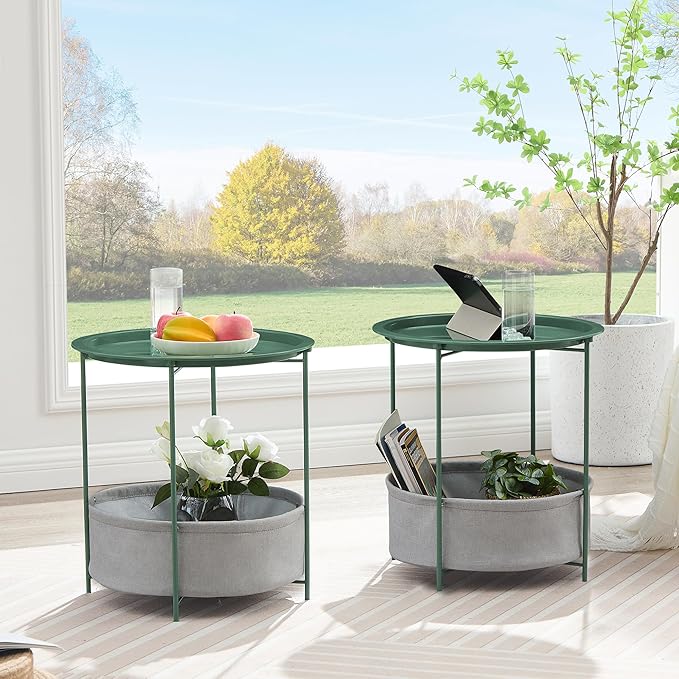 VECELO Round Side/End Table with Fabric Storage Basket，Metal Anti-Rust and Waterproof Small Bedside Nightstand with - Photo 4