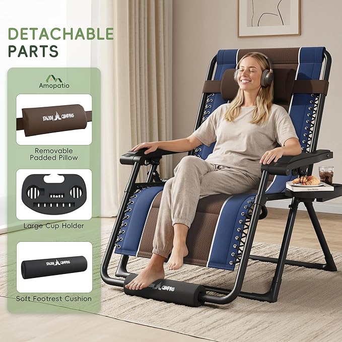 Amopatio Zero Gravity Reclining Patio Chair XXL Foldable Lounge Chair with Removable Cup Holder/Headrest/Footrest 500LBS Capacity Portable for Outdoor Patio Pool Backyard,Blue-Brown