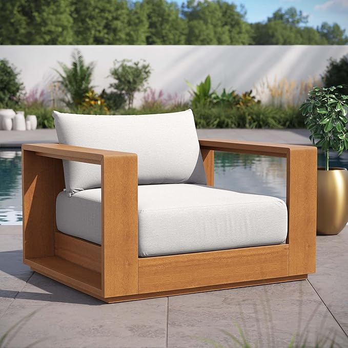 Modway Tahoe Acacia Wood Outdoor Patio Chair in Natural Light Gray with Weather-Resistant Cushions - Ideal as Club - Photo 2