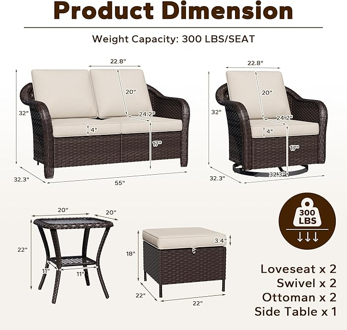 7 Piece Patio Wicker Conversation Set, 2 All-Weather Use Outdoor Wicker Loveseat with 2 PE Rattan Ottomans - Photo 2