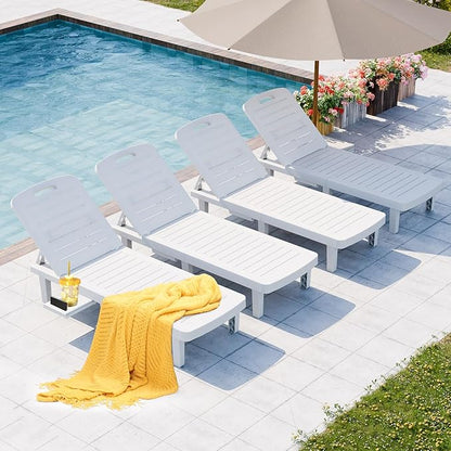 Outdoor Chaise Lounge Set of 4, Waterproof Resin Lounge Chairs for Outside w/Adjustable 5 Positions All Weather Recliner Chair for Patio, Poolside, Beach, Yard, White