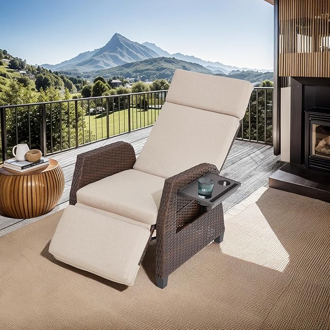 Outdoor Patio Recliner Chair, Outdoor Recliner with Side Table & Adjustable Backrest up to 180¡ã Flat - Photo 1