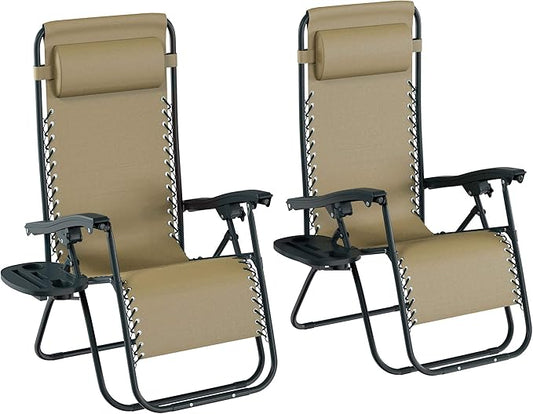 Lavish Home Zero Gravity Chairs - Set of 2 Outdoor Chairs with Side Tables with 2 Cupholders, Phone, and Tablet Holder and Chair Pillow (Beige)