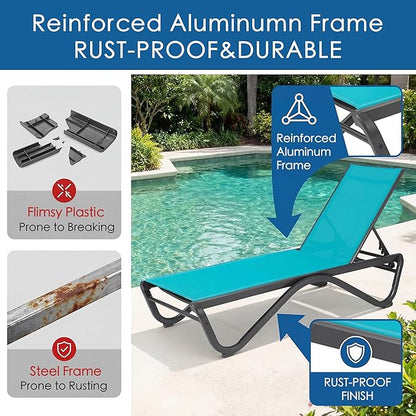 Kozyard Outdoor Chaise Lounge Chair, Full Aluminum Frame, Adjustable Reclining Patio Lounger for Poolside, Sunbathing & Backyard, Textilene (Aqua)