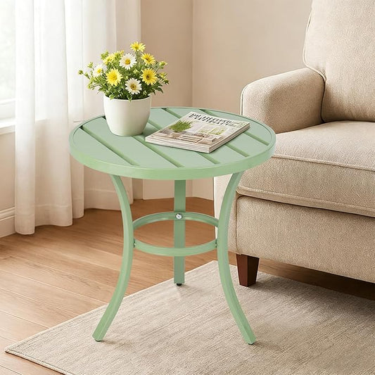 Outdoor Side Tables, Weather Resistant Iron Patio End Table, Portable Small Round Outdoor Metal Accent Bistro Coffee Plant Tables for Patio Yard Balcony Garden Bedside (Light Green)